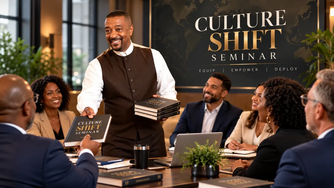 Sherwood Wilson handing out Culture Shift Seminar books to leaders around a conference table