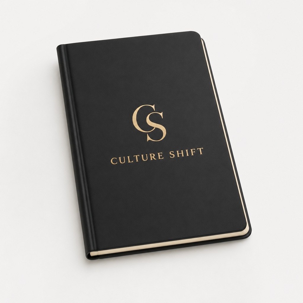 Culture Shift journal, black leather, gold CS logo