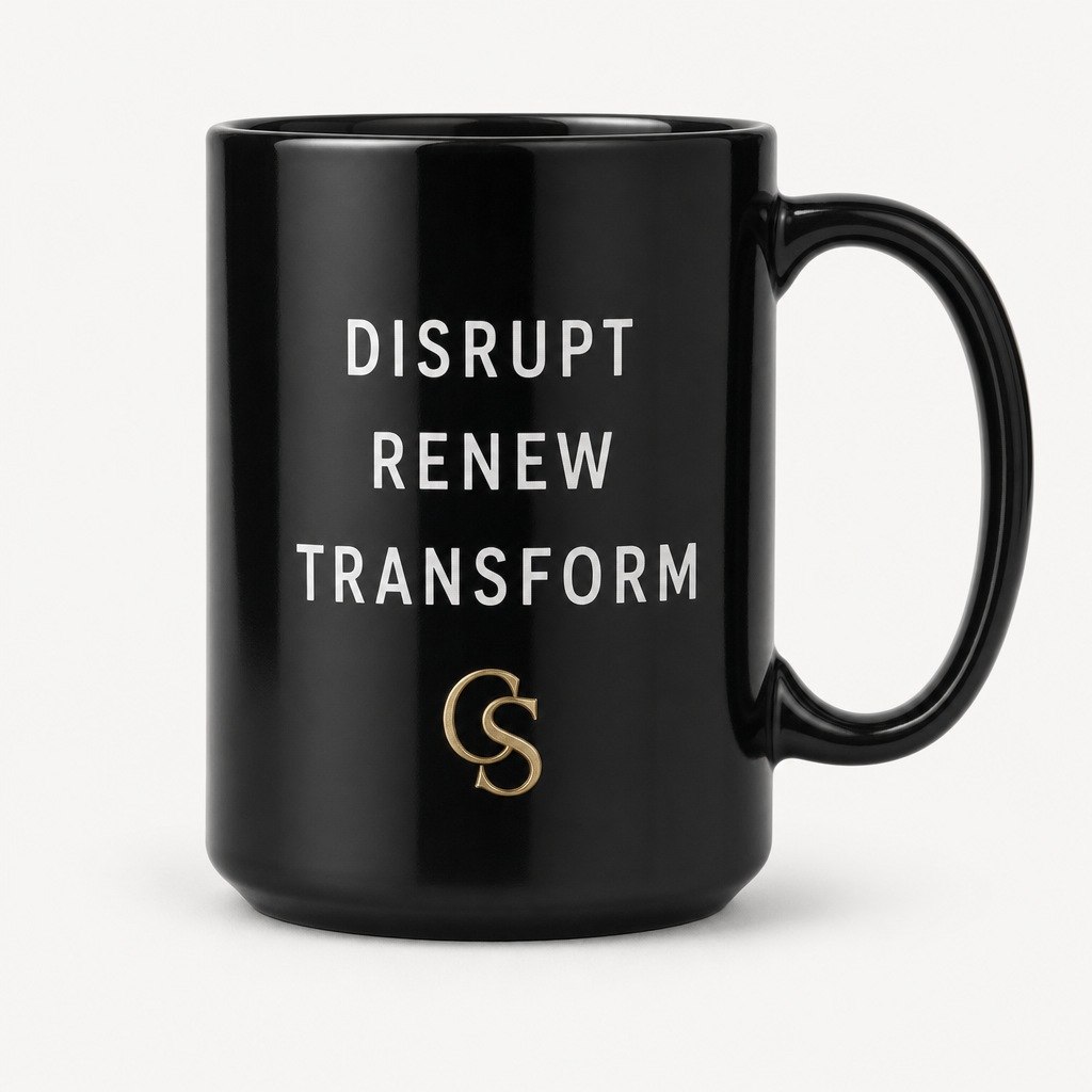Culture Shift mug, black, Disrupt Renew Transform